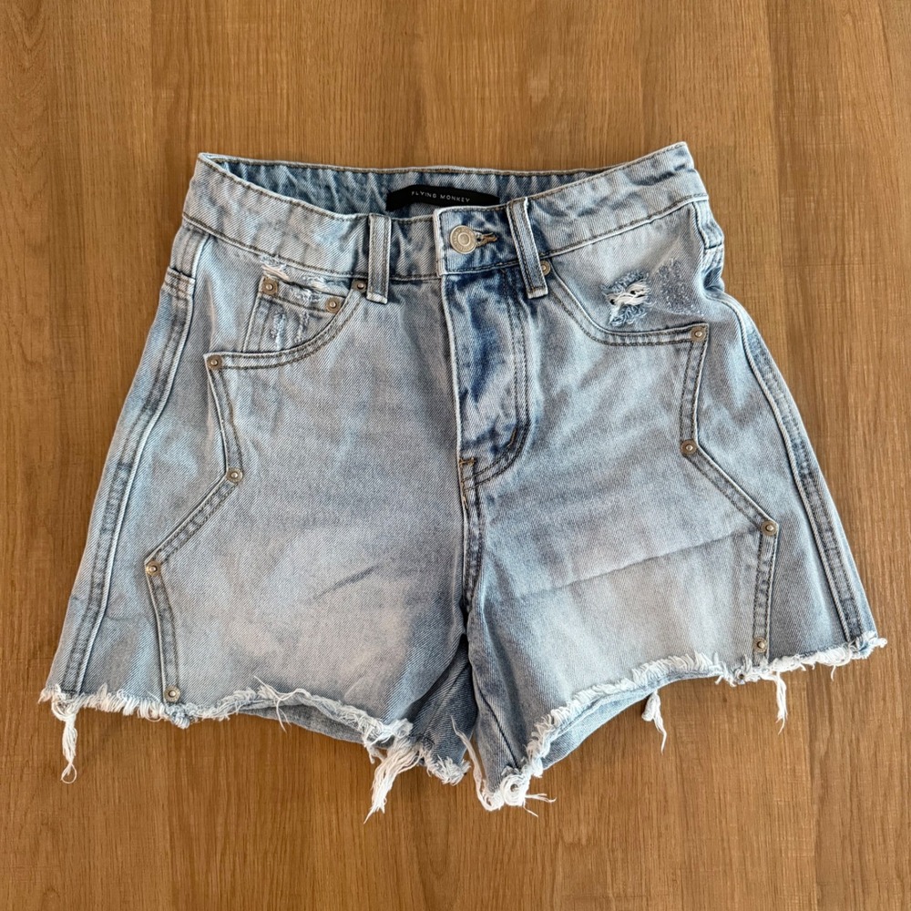Flying Monkey Ultra High Rise Distressed Denim Shorts Light Wash 22